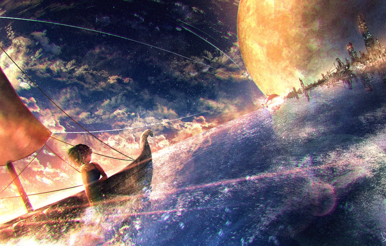 Photo wallpaper the sky, water, girl, the city, boat, planet, fantasy, dolphins