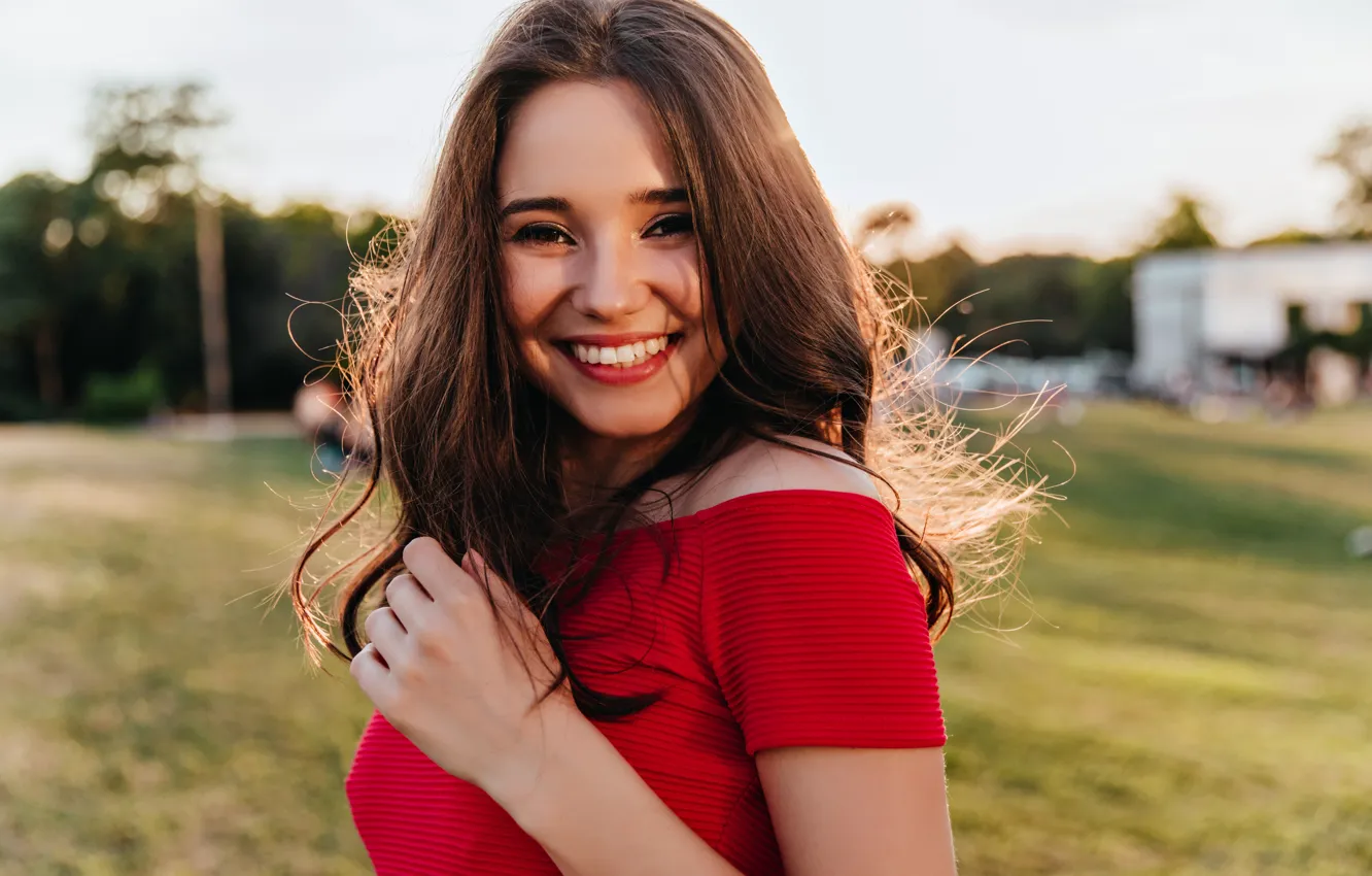 Photo wallpaper field, girl, rays, light, joy, nature, smile, laughter