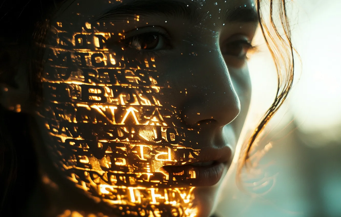 Photo wallpaper look, girl, light, glare, letters, the inscription, portrait, code