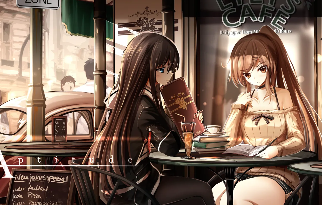 Photo wallpaper Girls, Cafe, Machine, People, Tables