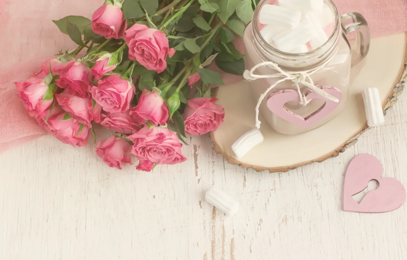Photo wallpaper roses, bouquet, mug, cocoa, marshmallows, marshmallows, Colnihko