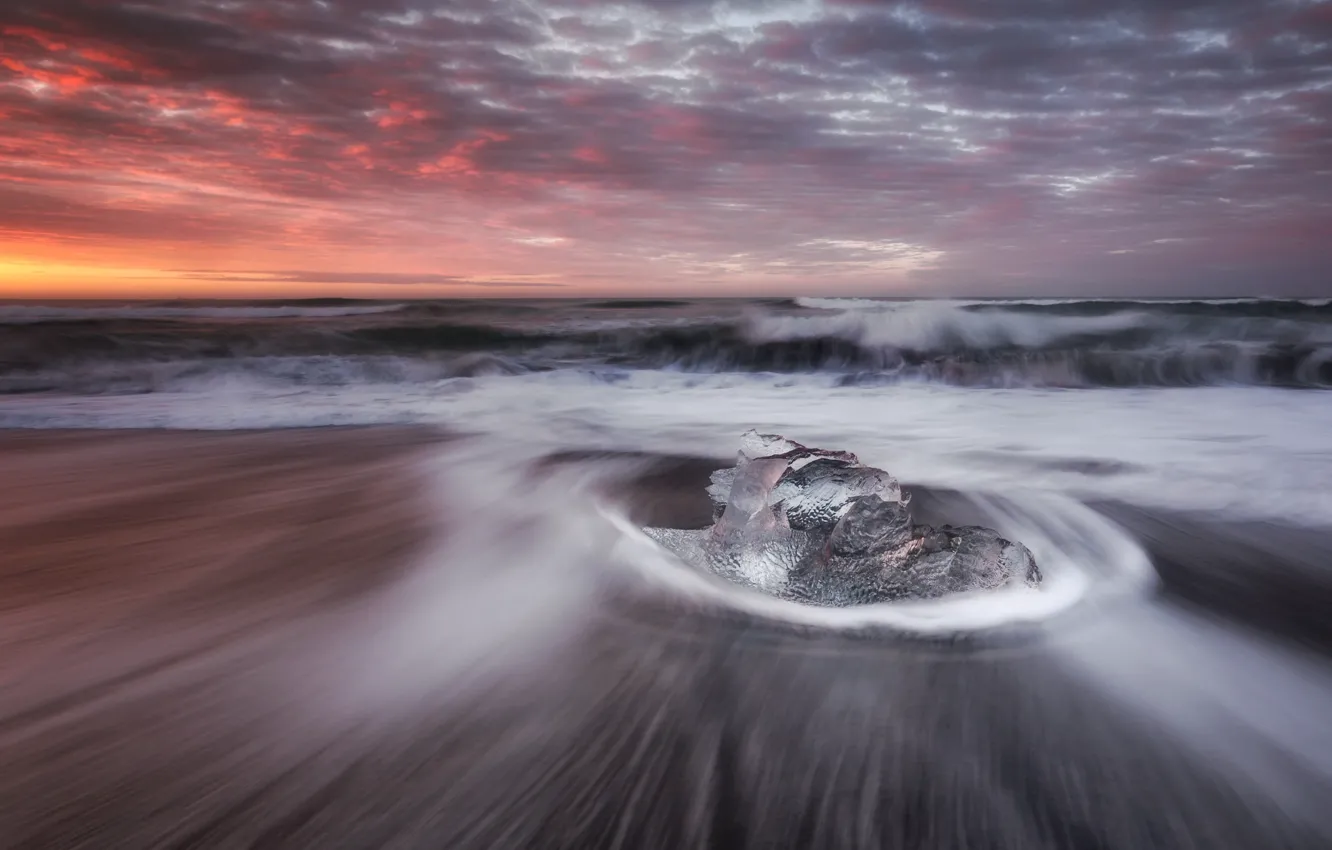 Photo wallpaper ice, sea, the sky, sunset, shore