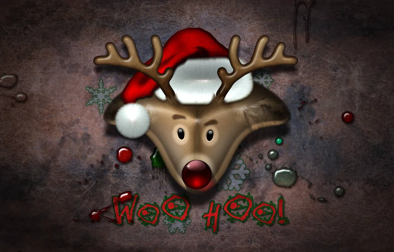 Photo wallpaper holiday, new year, deer, new year, Santa, cap, holiday, deer