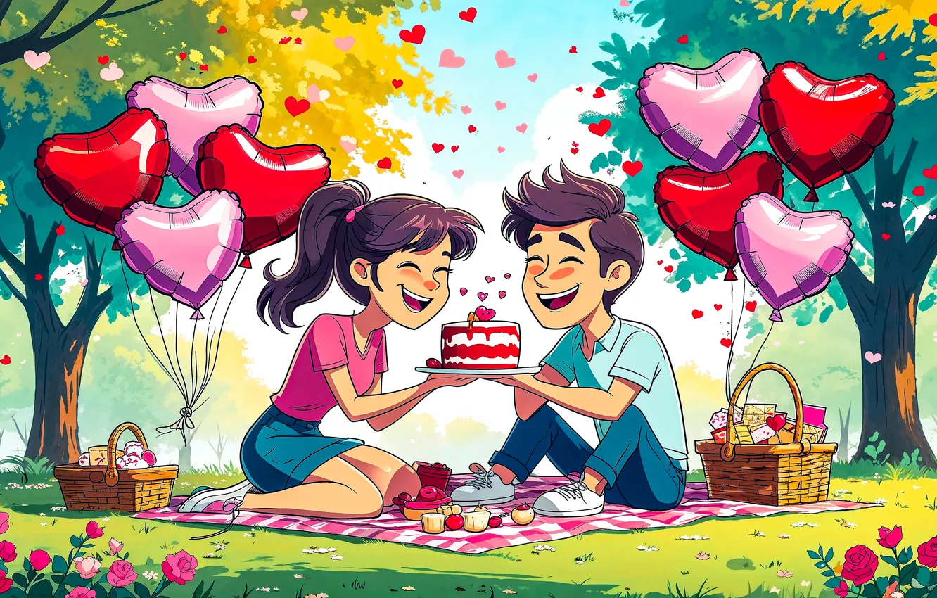 Photo wallpaper girl, holiday, glade, heart, hearts, cake, air, guy