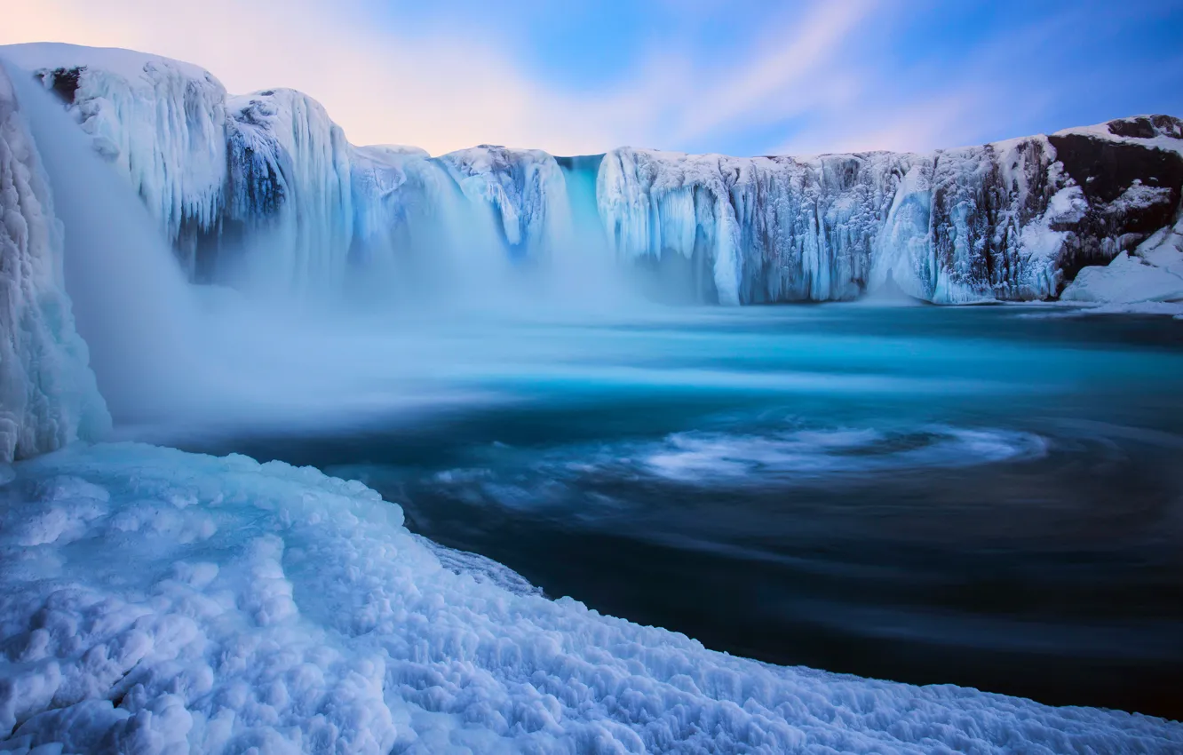 Photo wallpaper winter, snow, nature, waterfall, ice, Iceland, December, Godafoss