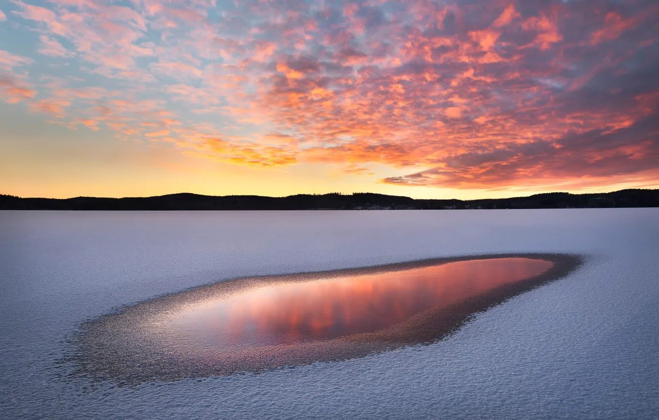 Photo wallpaper winter, the sky, clouds, light, snow, sunset, nature, lake