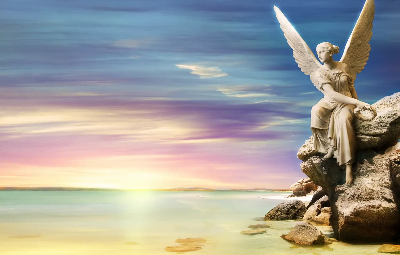 Photo wallpaper beach, dawn, angel, sculpture