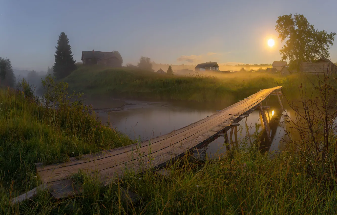 Photo wallpaper grass, light, landscape, night, nature, the moon, village, the bridge