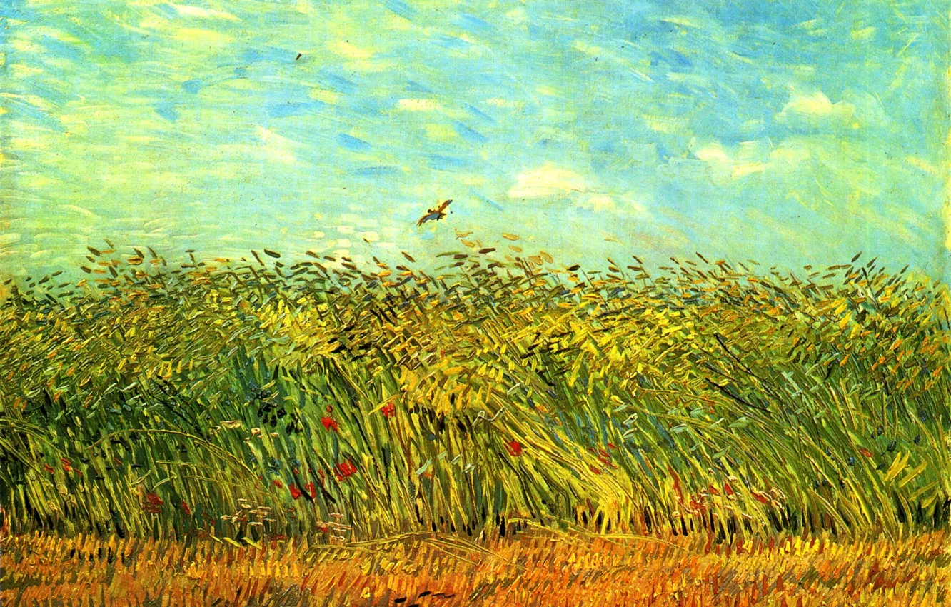 Photo wallpaper the sky, flowers, bird, ears, Vincent van Gogh, Wheat Field with a Lark