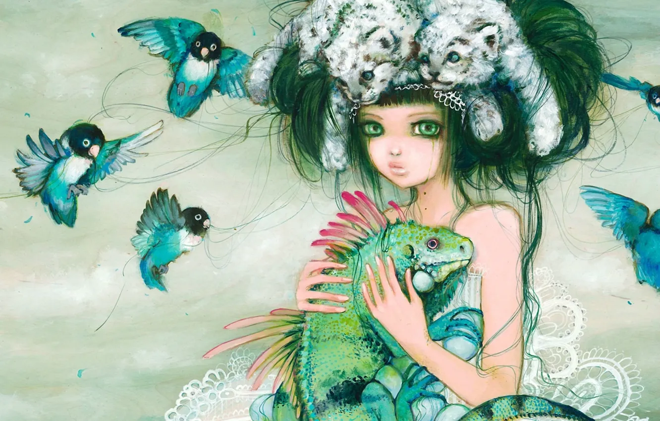 Photo wallpaper girl, birds, fantasy, lizard, art, hairstyle, parrots, the cubs