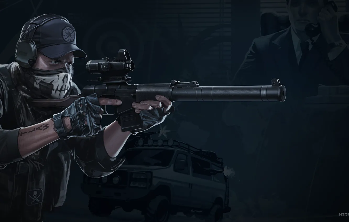 Photo wallpaper weapons, art, soldiers, machine, bear, art, ammunition, mercenary