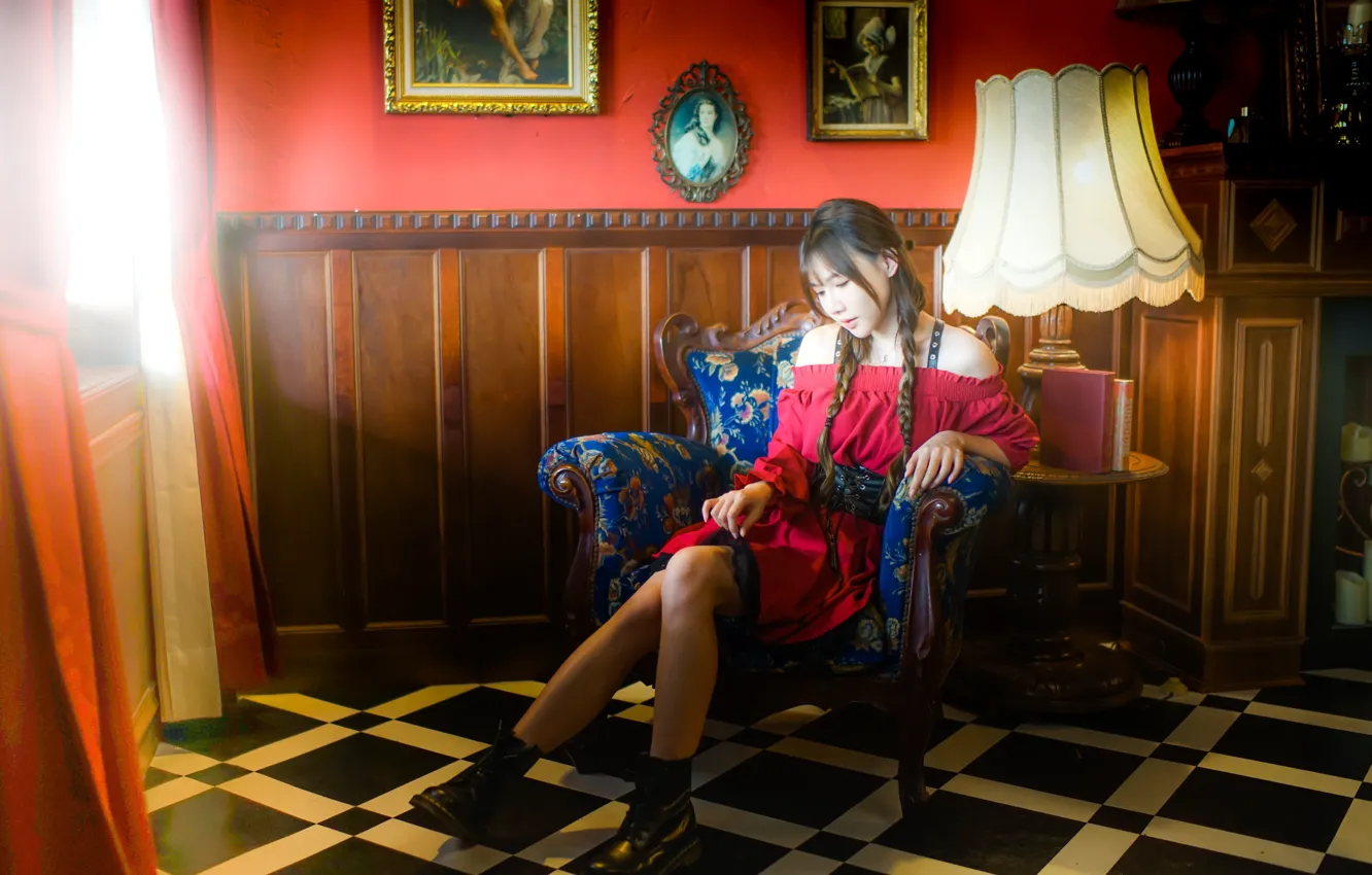 Photo wallpaper girl, room, brunette, lamp, braids, girl, Asian, asian