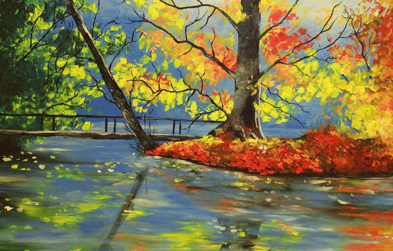 Photo wallpaper autumn, trees, bridge, nature, river, art, Basicsspace