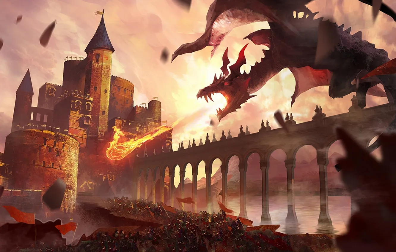 Photo wallpaper the sky, clouds, bridge, lights, castle, magic, dragon, flag