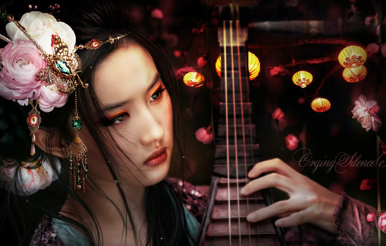 Photo wallpaper look, girl, decoration, flowers, face, hair, makeup, geisha