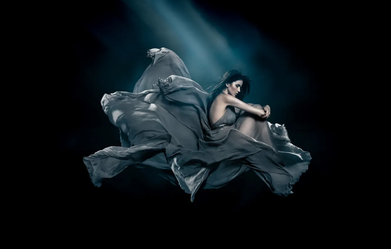 Photo wallpaper water, girl, reverie, dress, black background, sitting, in the water