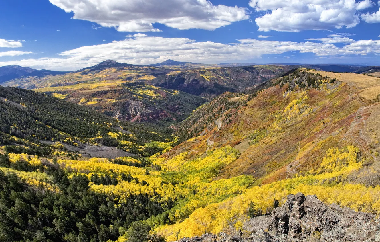Photo wallpaper autumn, the sky, mountains, rocks, valley