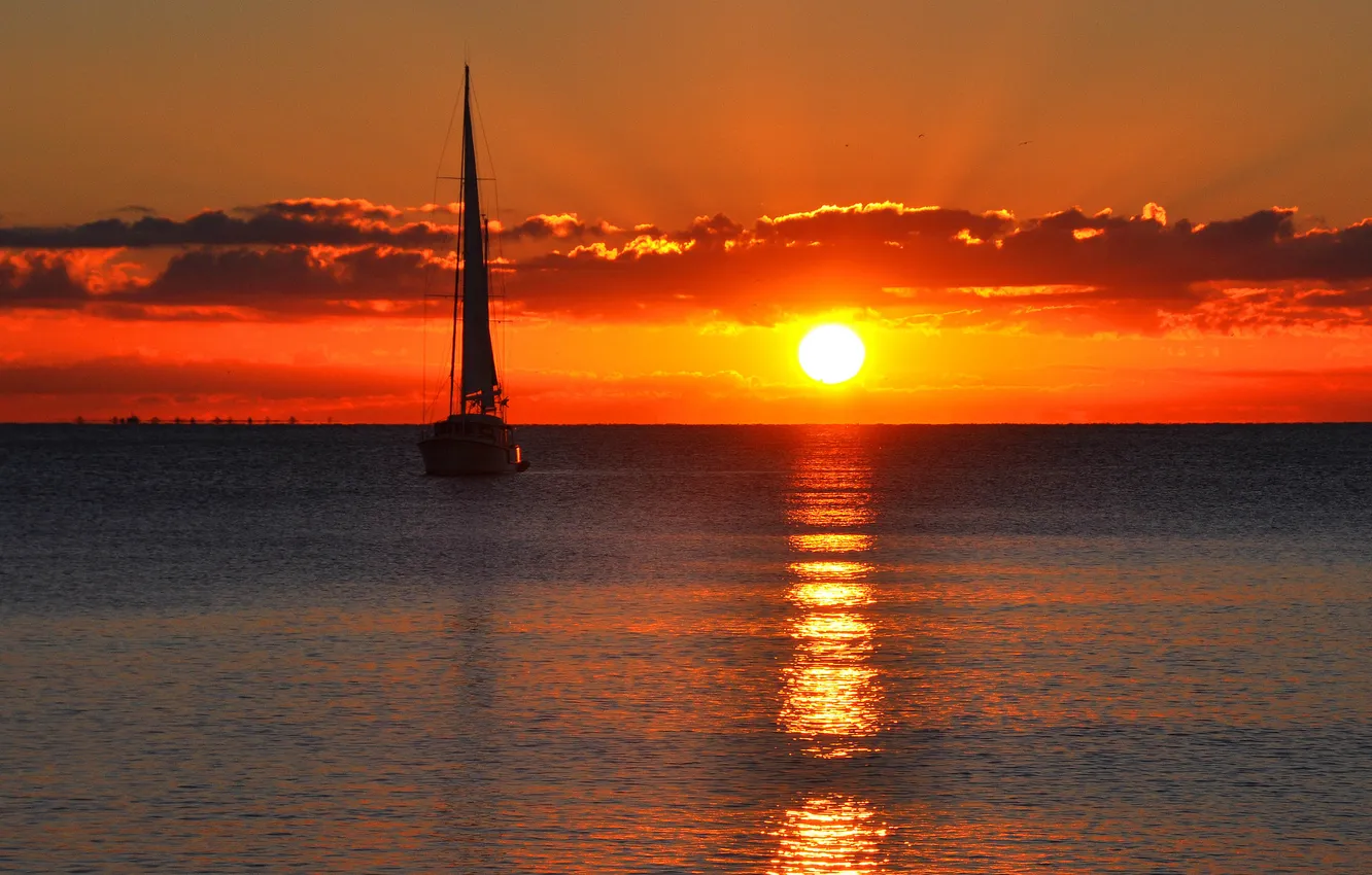 Photo wallpaper sea, the sky, landscape, sunset, reflection, sail