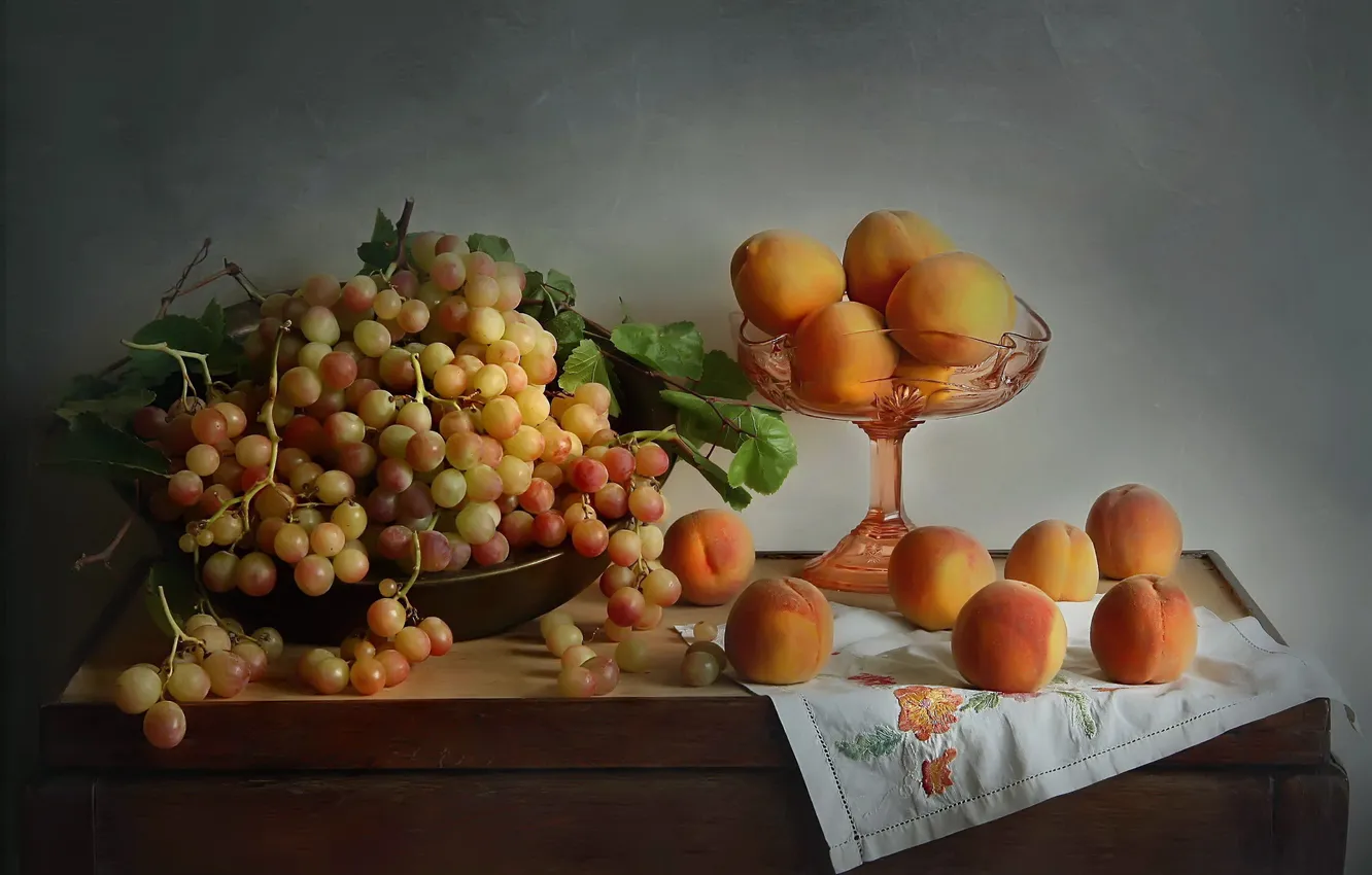 Photo wallpaper autumn, grapes, still life, peaches, Still life with fruit