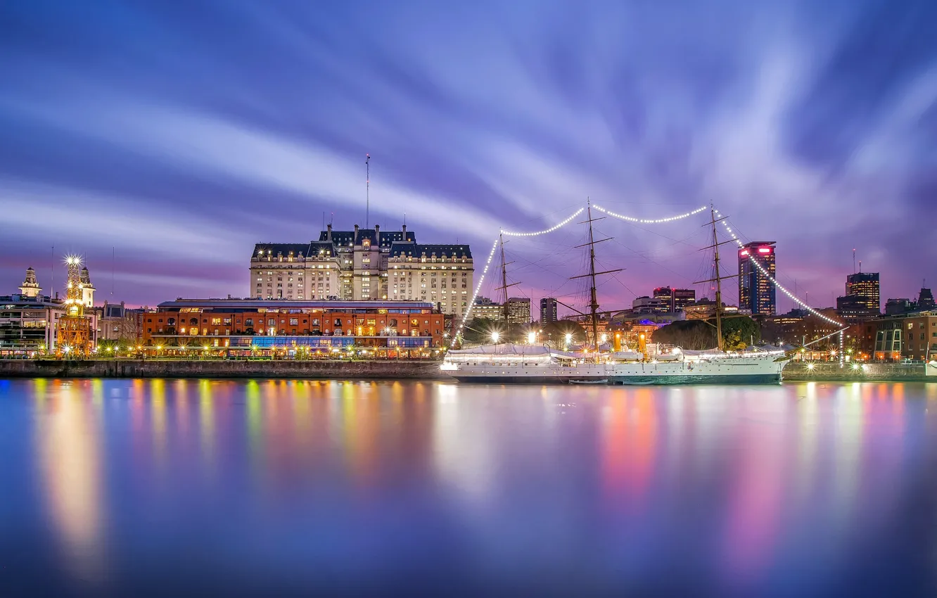 Photo wallpaper twilight, sunset, Argentina, Downtown, dusk, ship, harbour, blue hour