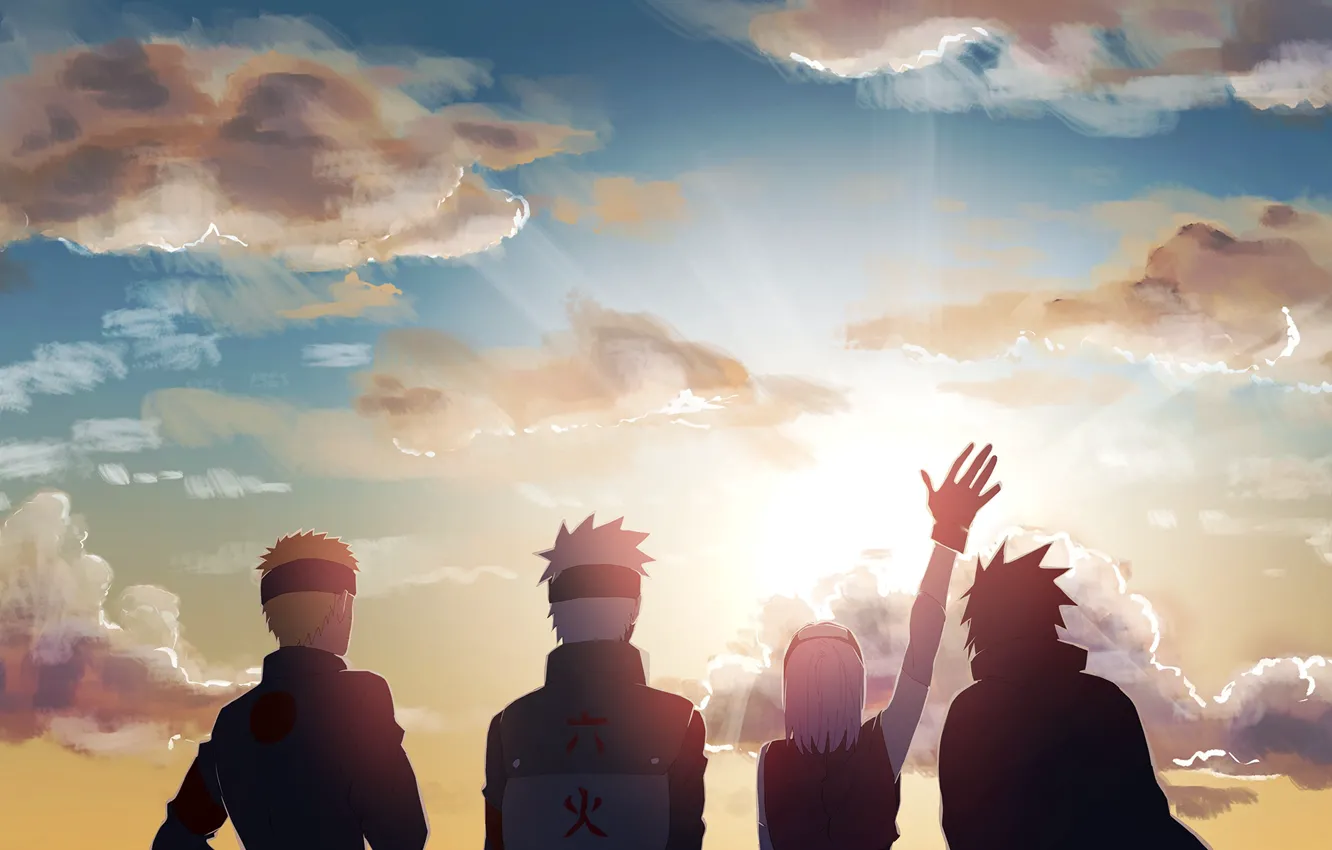 Photo wallpaper the sun, dawn, morning, Naruto, team 7, Uchiha Sasuke, Hatake Kakashi, Haruno Sakura