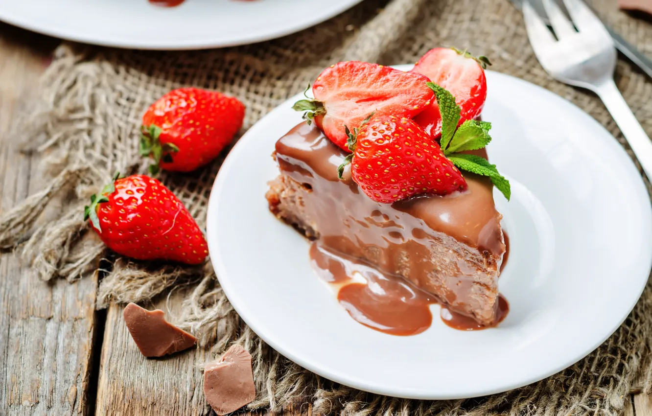 Photo wallpaper chocolate, strawberry, plate, cake, mint, cream, dessert, piece