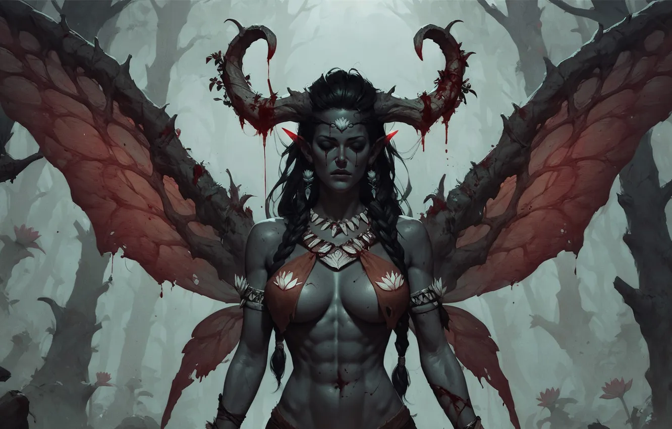 Photo wallpaper forest, girl, wings, being, horns