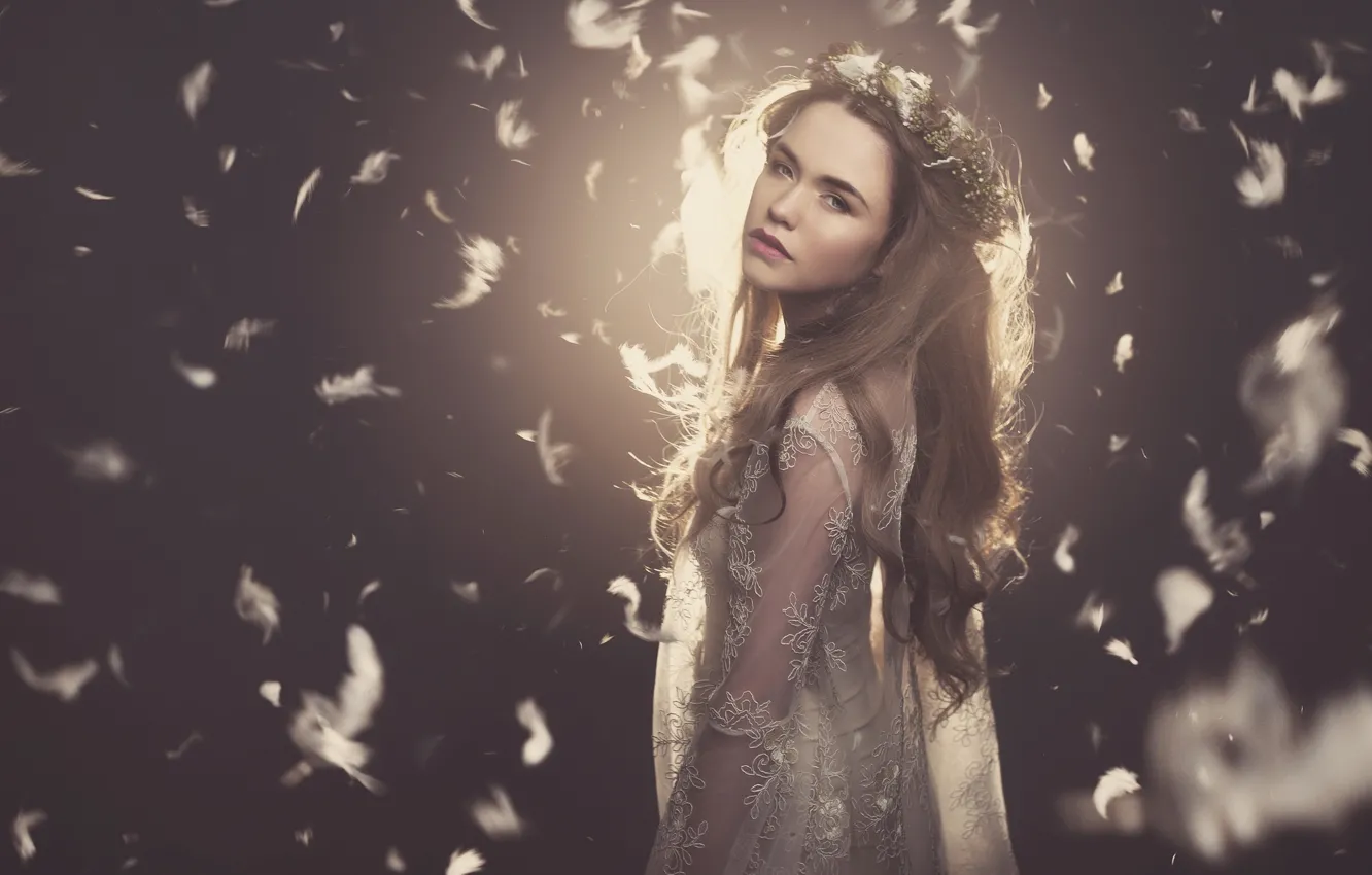 Photo wallpaper sadness, girl, hair, feathers, mystery, wreath