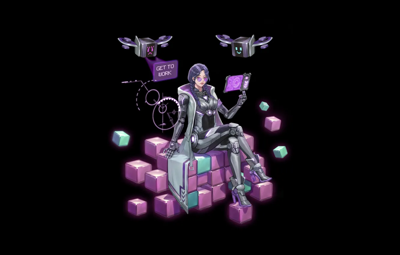 Photo wallpaper girl, art, Neon, cubes, Minimalism, monitor, tablet, Cyber