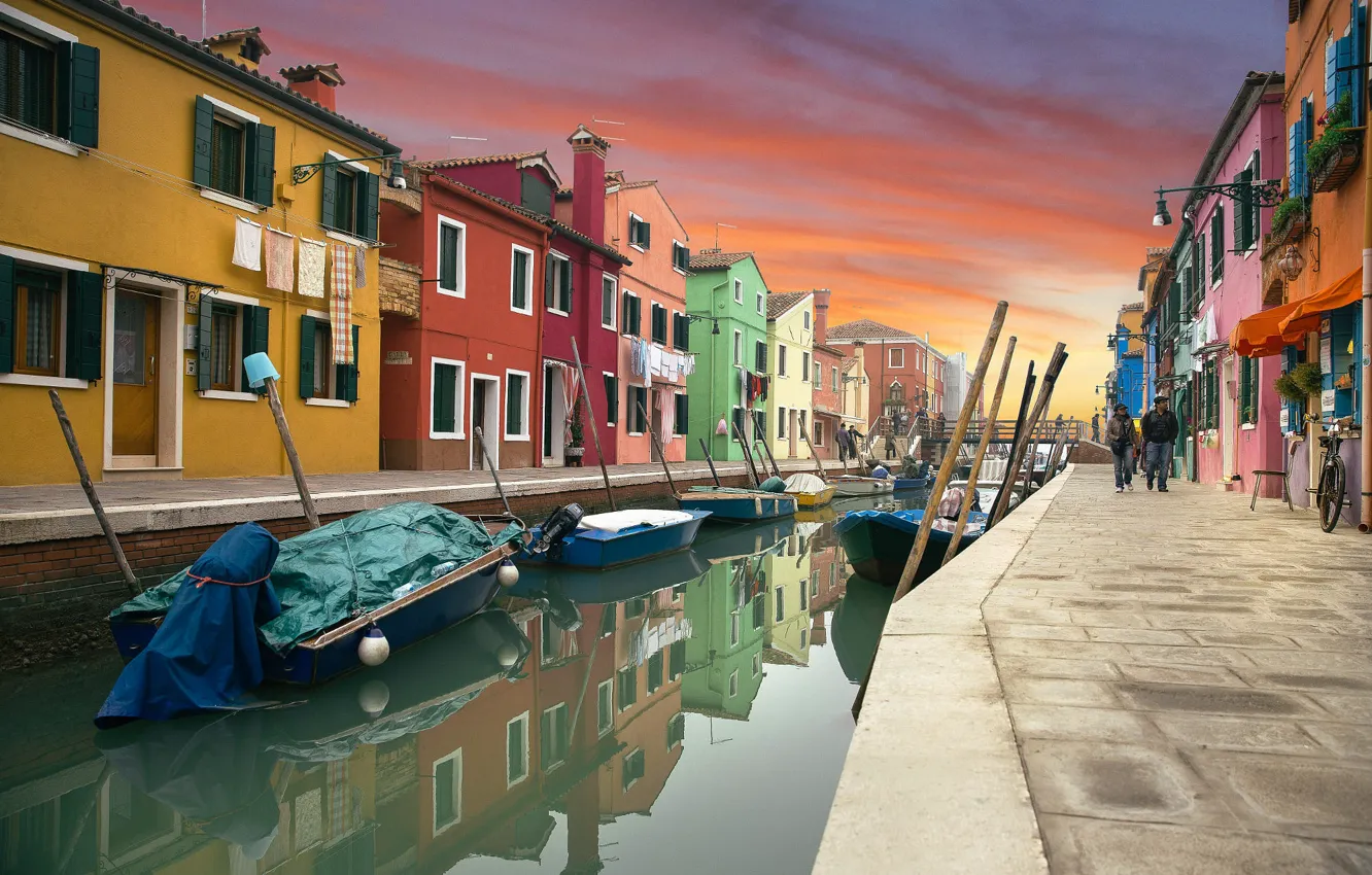 Photo wallpaper the sky, sunset, the city, reflection, boat, tile, people, building