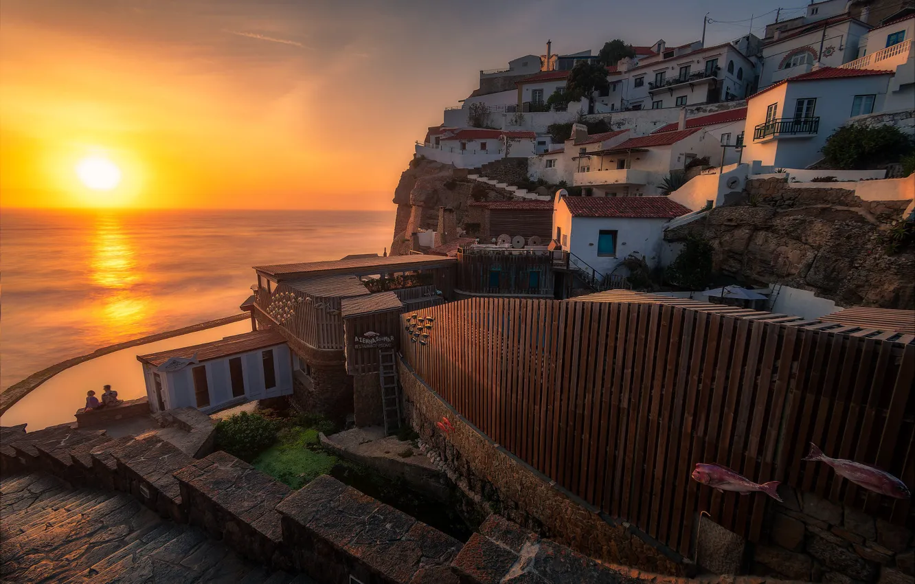 Photo wallpaper sea, the sun, light, sunset, the city, dawn, shore, the descent