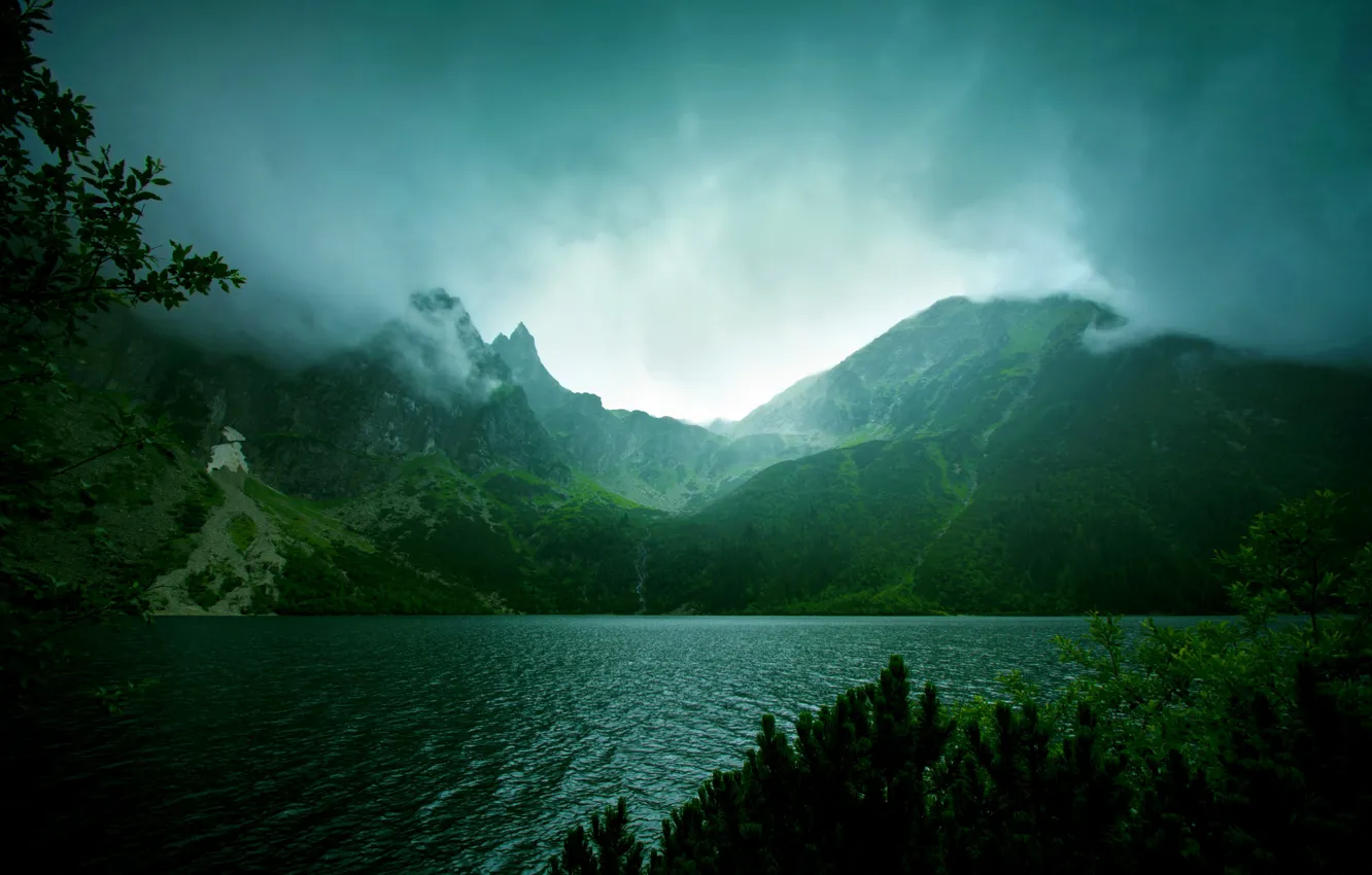 Photo wallpaper greens, water, trees, mountains, clouds, lake