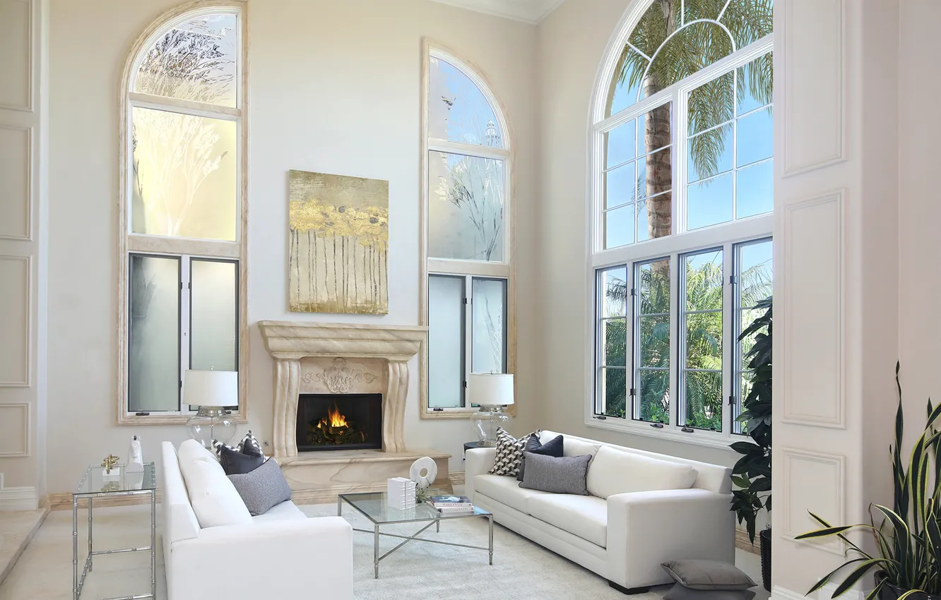 Photo wallpaper sofa, window, fireplace, mansion, living room