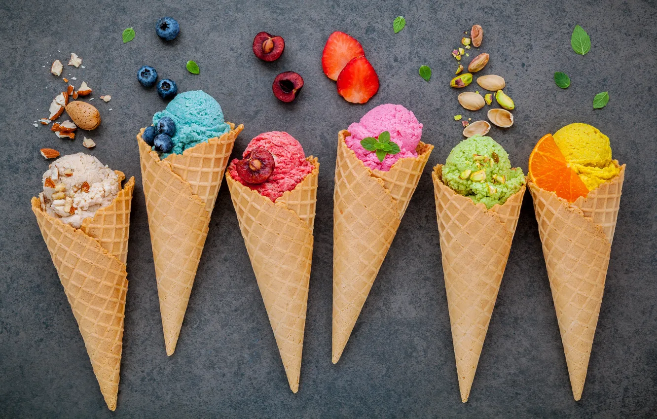 Photo wallpaper berries, colorful, ice cream, fruit, horn, fruit, berries, ice cream
