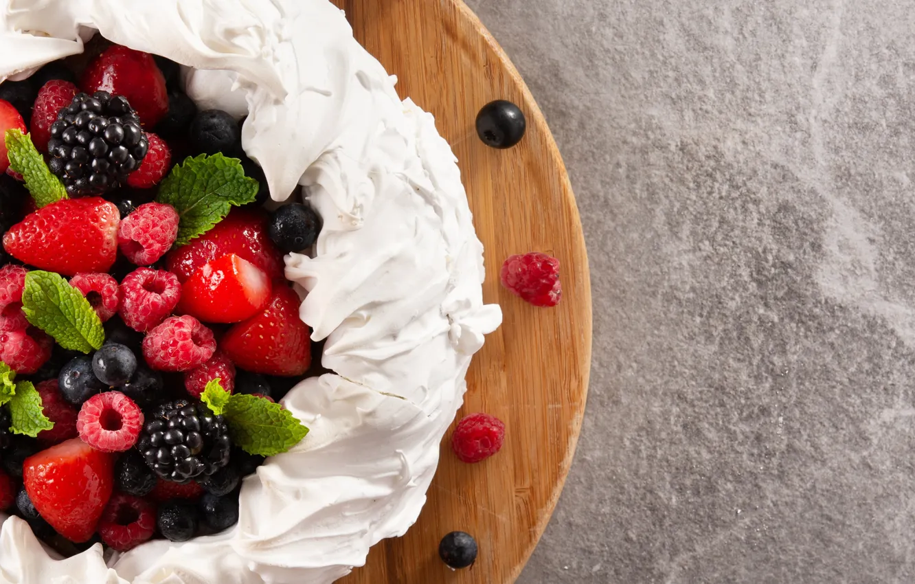 Photo wallpaper berries, raspberry, blueberries, strawberry, cake, banner, grey background, mint