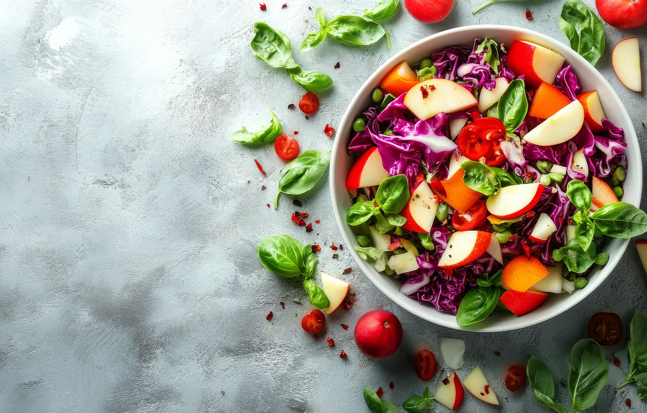 Photo wallpaper greens, food, bowl, grey background, vegetables, salad, AI art, neural network