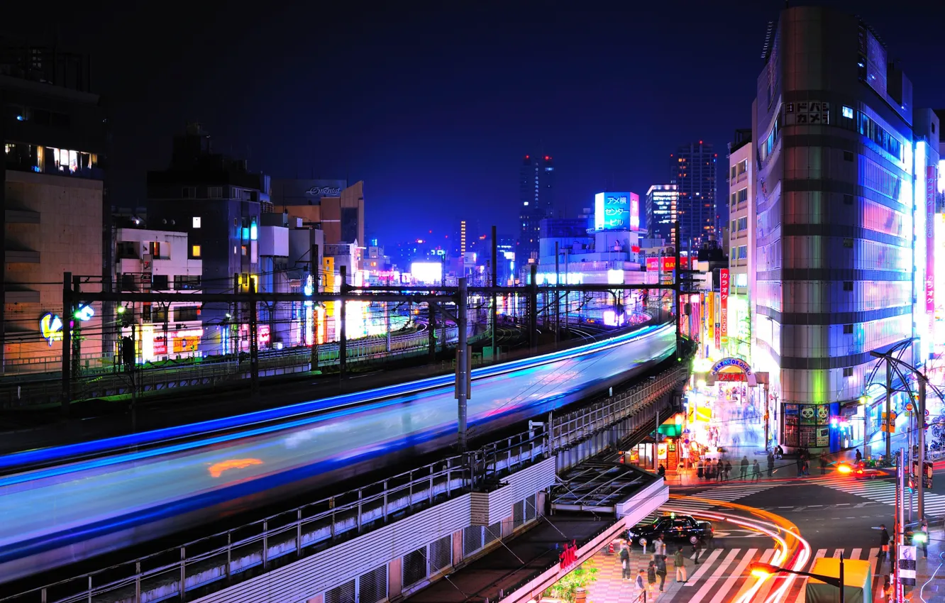 Photo wallpaper night, lights, crossroads, Tokyo, Japan, Ueno