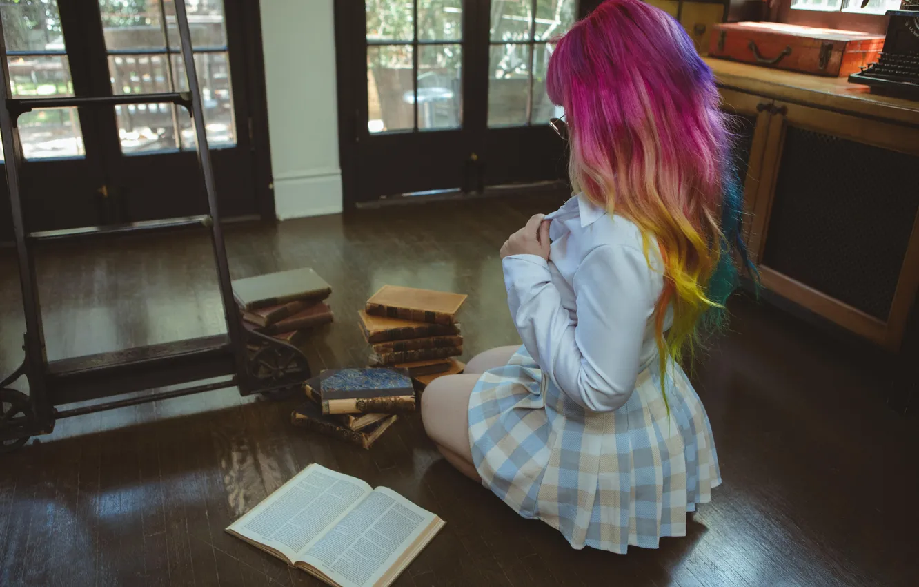 Photo wallpaper skirt, book, library, shirt, purple hair, textbooks, student, mimo