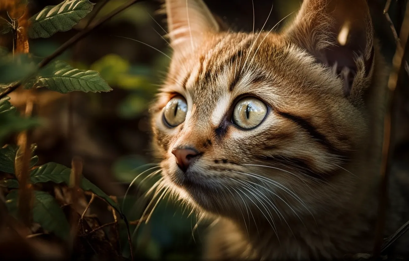 Photo wallpaper grass, eyes, mustache, look, flowers, art, red, kitty