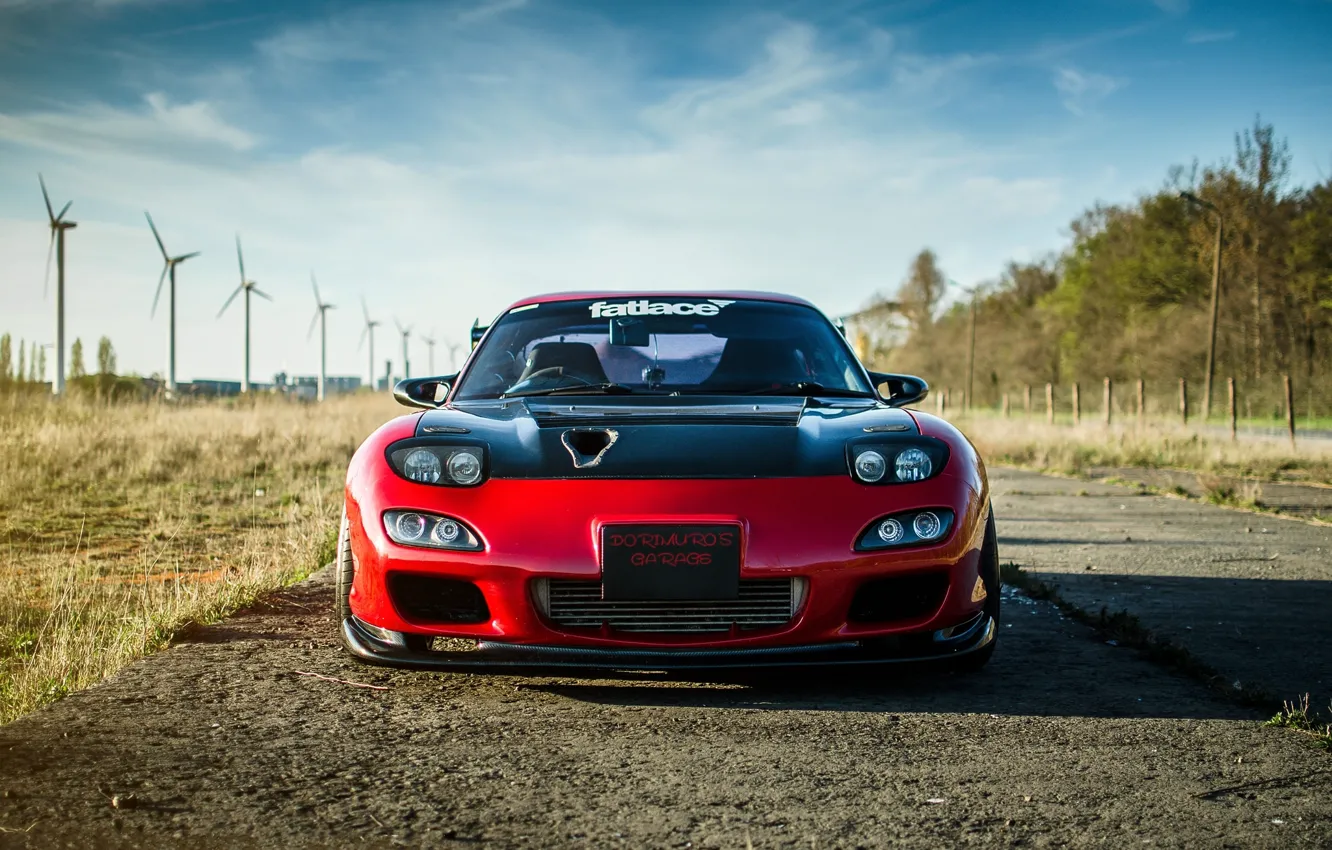 Photo wallpaper the sky, clouds, red, red, mazda, the front, Mazda, rx-7