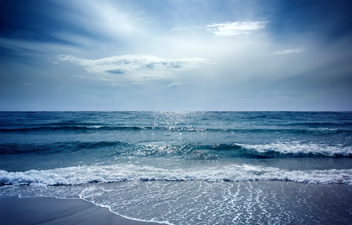 Photo wallpaper sea, wave, beach, summer, clouds, light, blue, horizon
