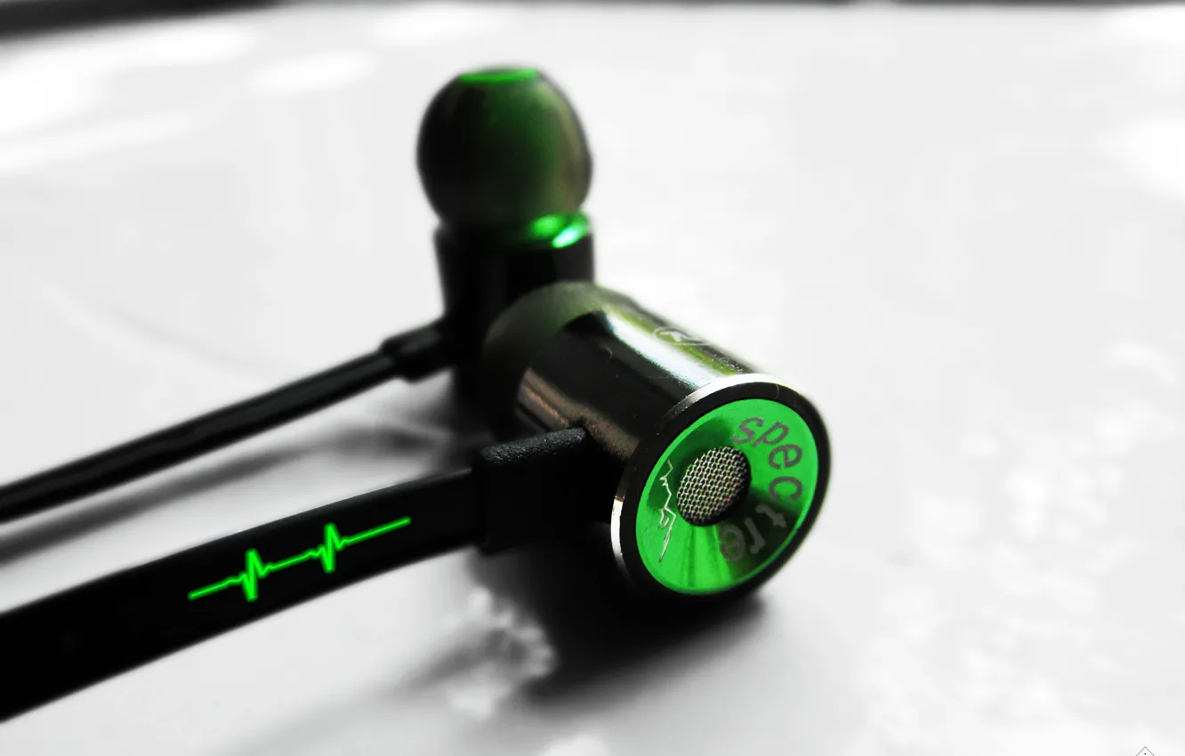 Photo wallpaper green, headphones, sound, macro, bit, SPECTRE