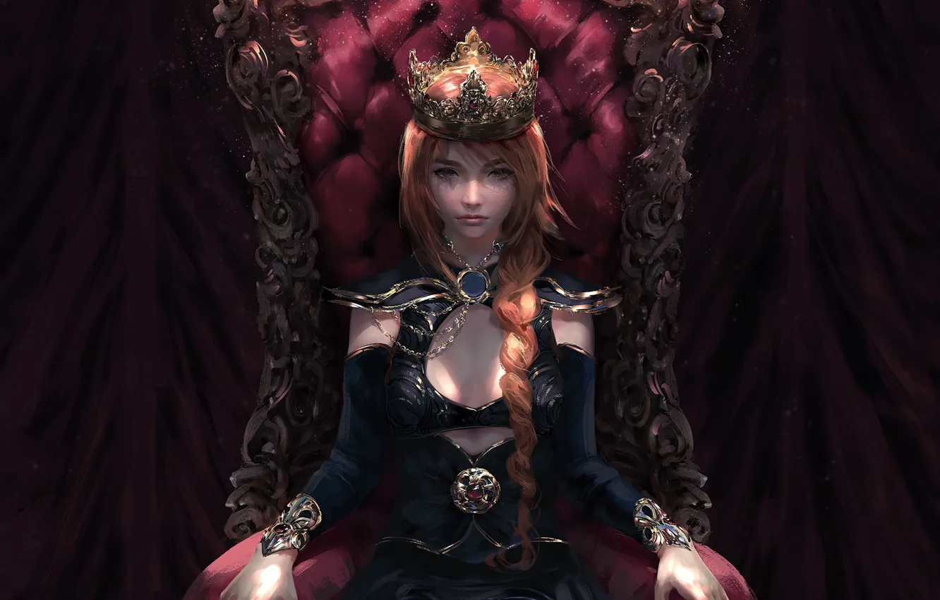 Photo wallpaper girl, fantasy, dress, crown, braid, redhead, artist, digital art