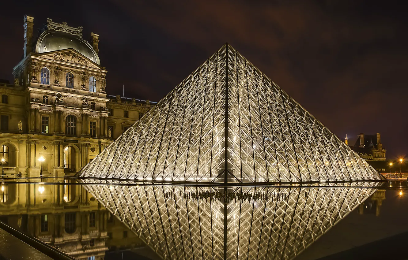 Photo wallpaper night, the city, lights, France, Paris, Louvre Pyramid