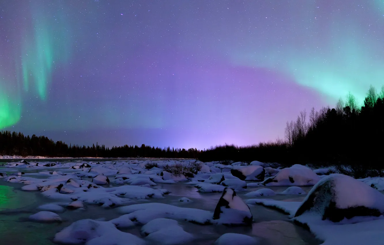 Photo wallpaper snow, night, river, stones, North, polar lights