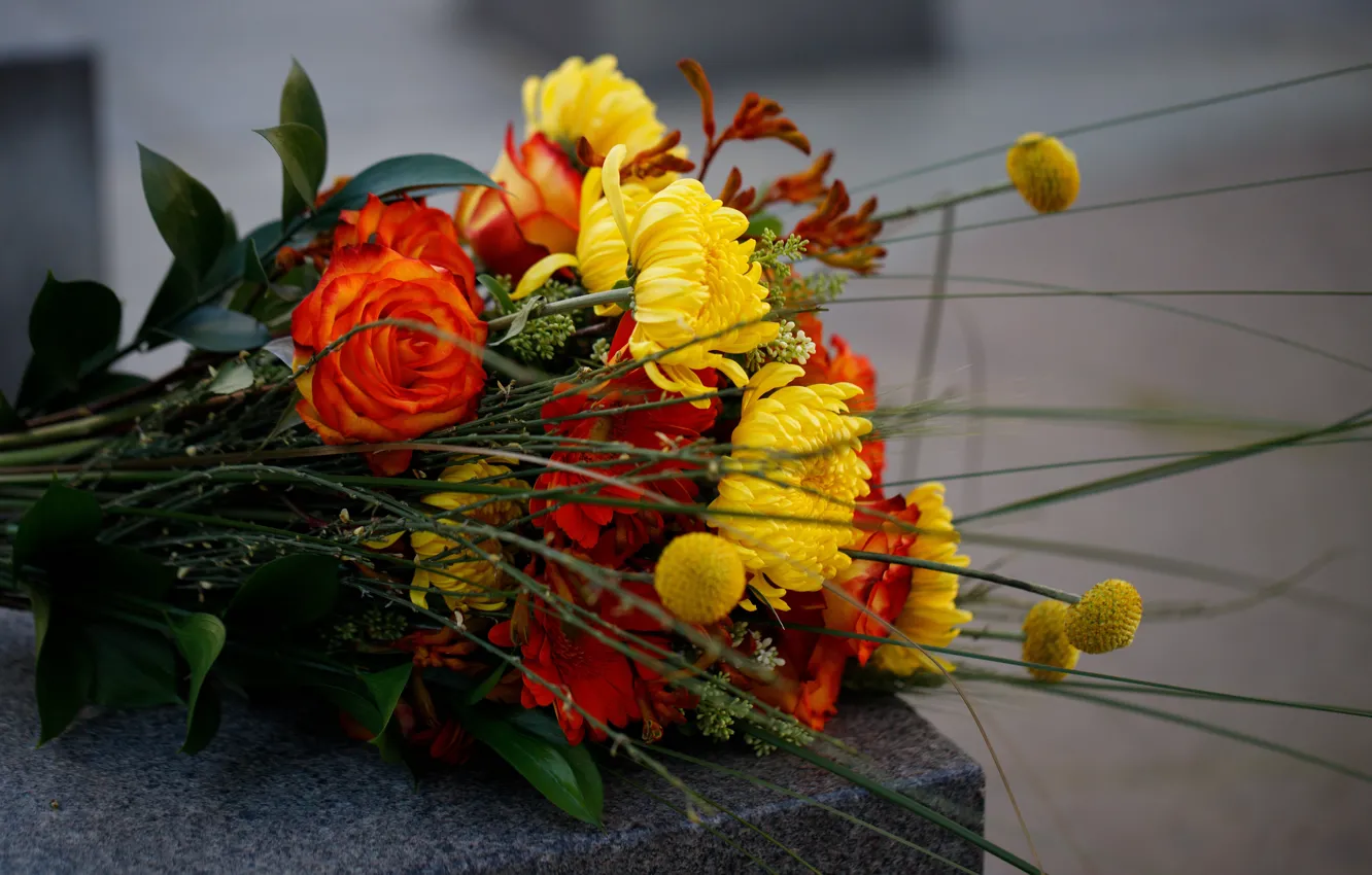 Photo wallpaper leaves, flowers, orange, yellow, roses, bouquet, lies, chrysanthemum