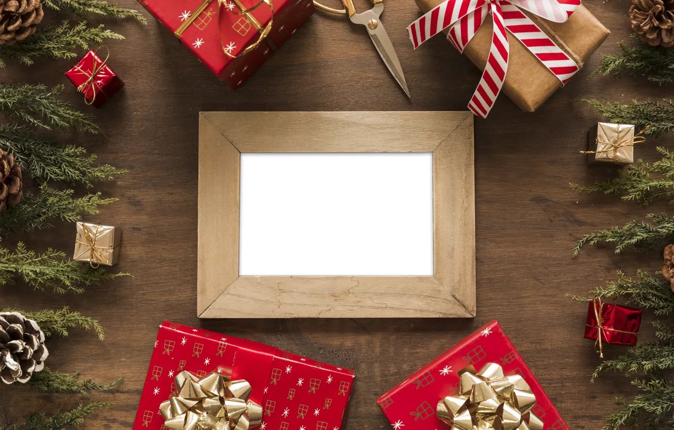 Photo wallpaper decoration, frame, New Year, Christmas, gifts, Christmas, wood, New Year