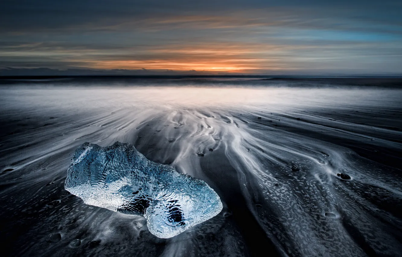 Photo wallpaper sea, sunset, shore, ice