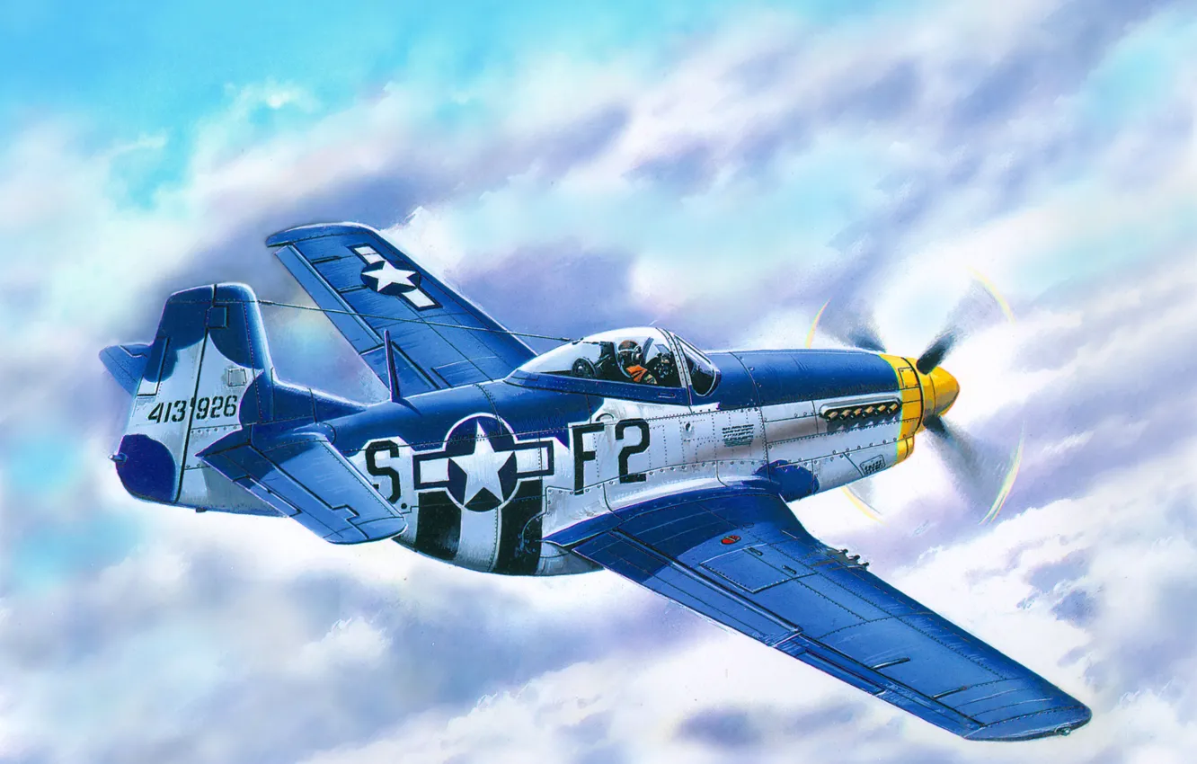 Photo wallpaper clouds, figure, Mustang, fighter, art, action, American, period