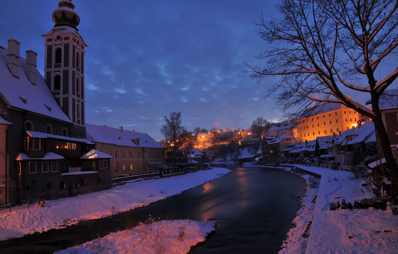 Photo wallpaper winter, snow, night, lights, river, home, Czech Republic, Cesky Krumlov